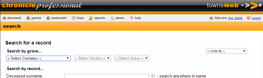 Chronicle Pro cemetery record admin system